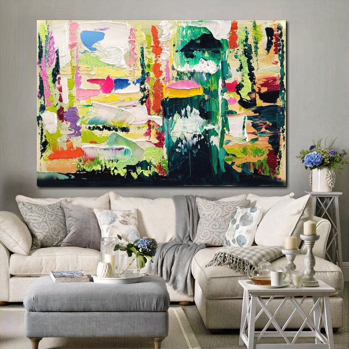 Green Abstract Wll Art, Floral Impasto Oil Painting on Canvas, Original Art Work