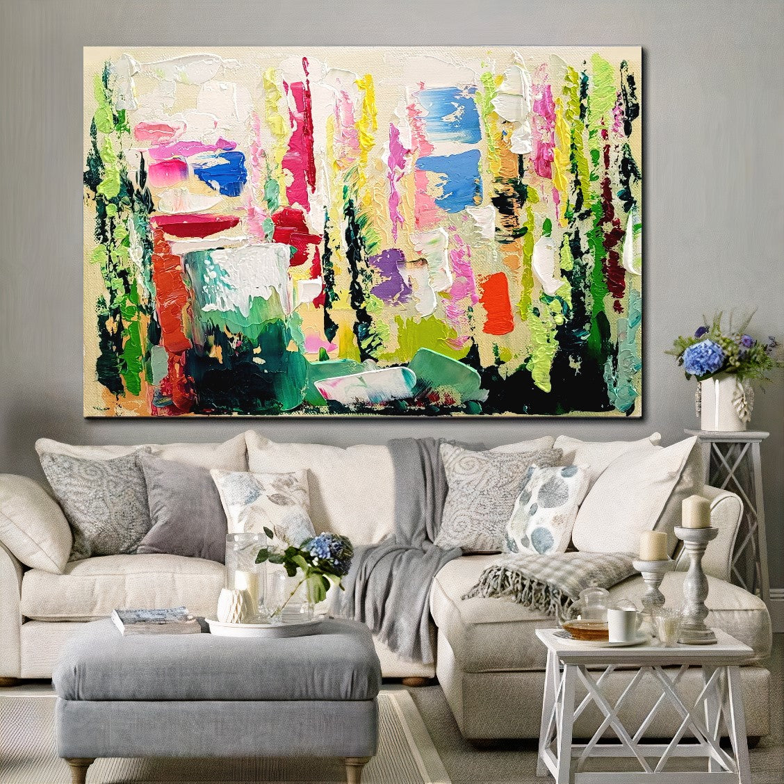 Green Abstract Wll Art, Floral Impasto Oil Painting on Canvas, Original Art Work