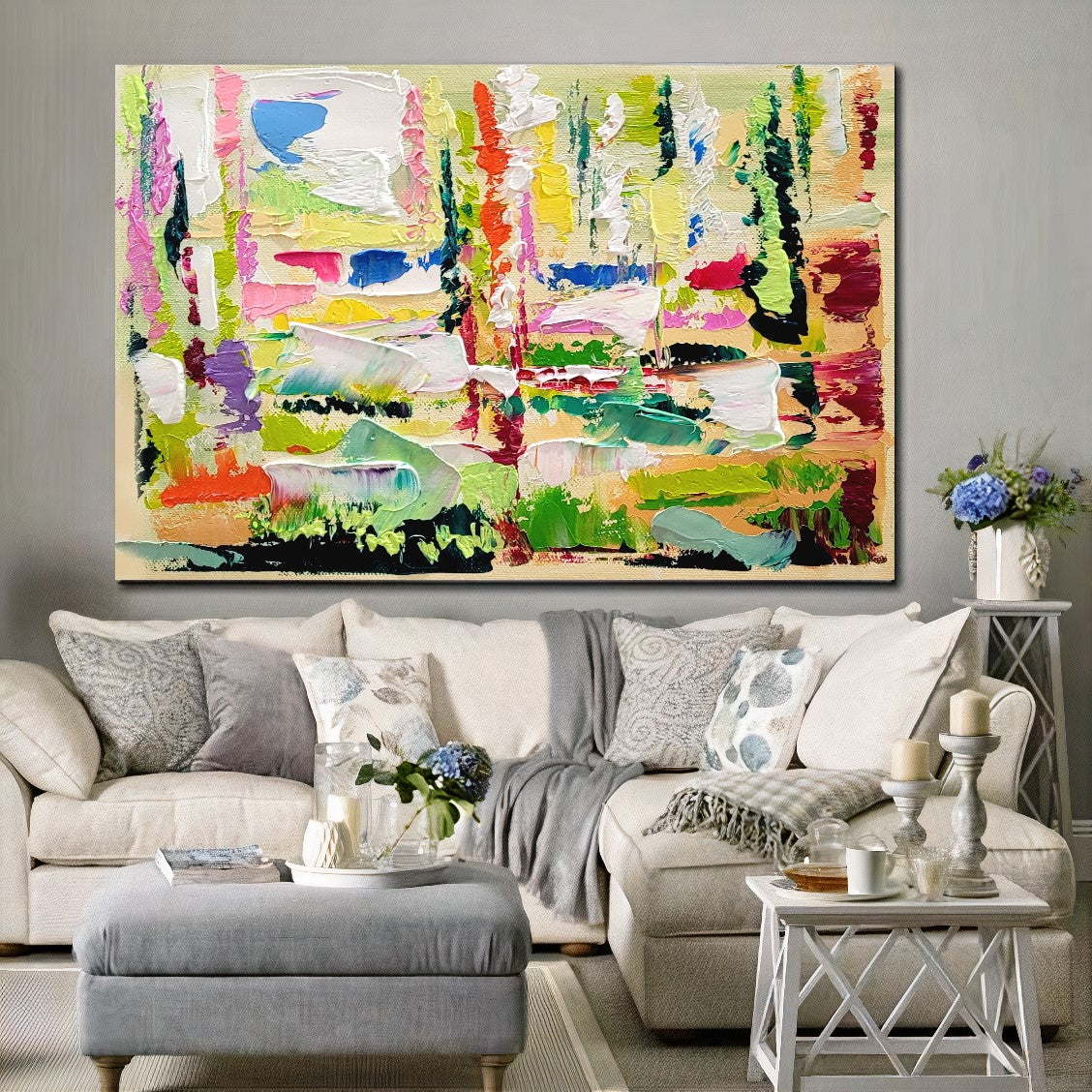 Green Abstract Wll Art, Floral Impasto Oil Painting on Canvas, Original Art Work