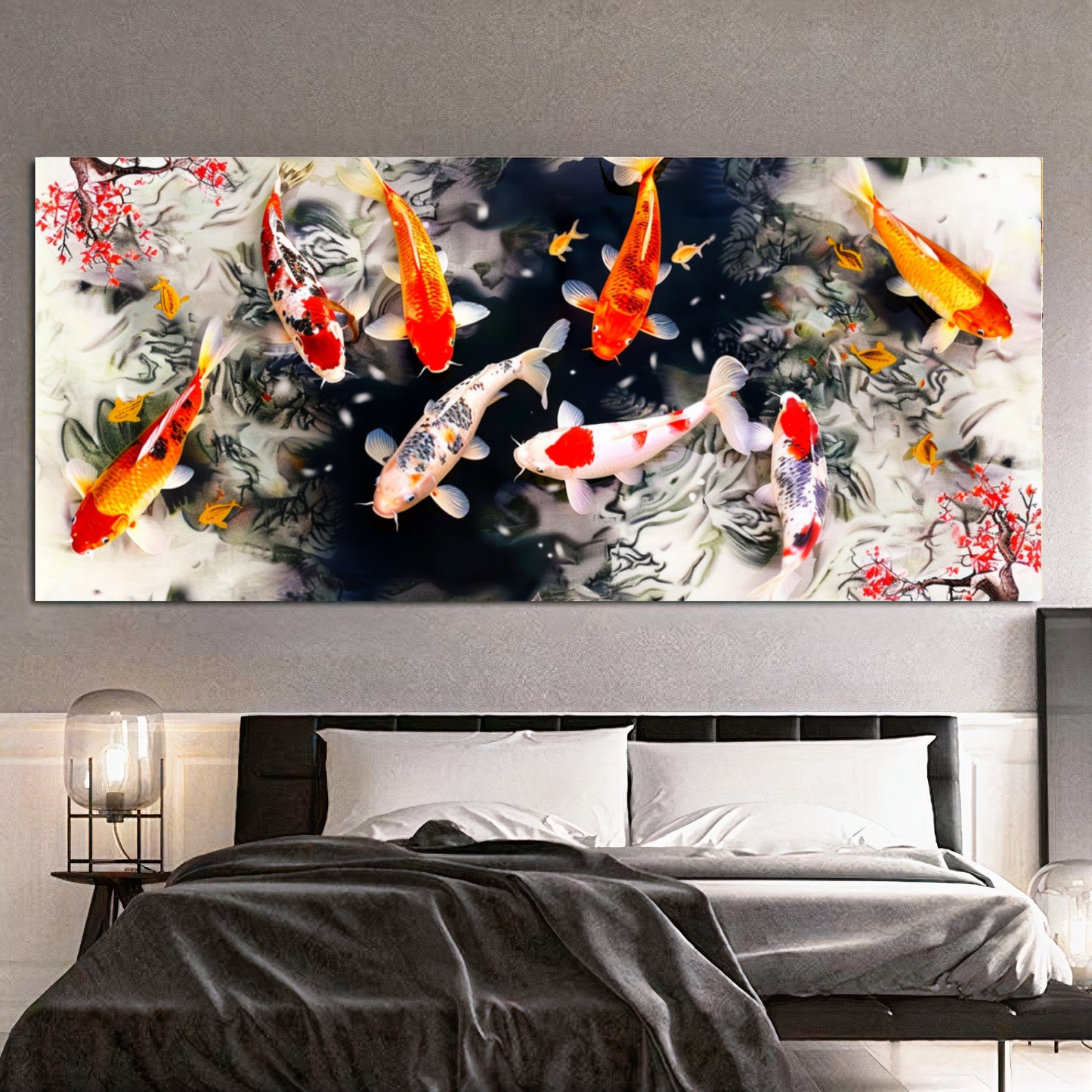 Serene Koi Pond - Vibrant Nine Koi Fish Canvas Art with Cherry Blossoms, Print on Canvas A