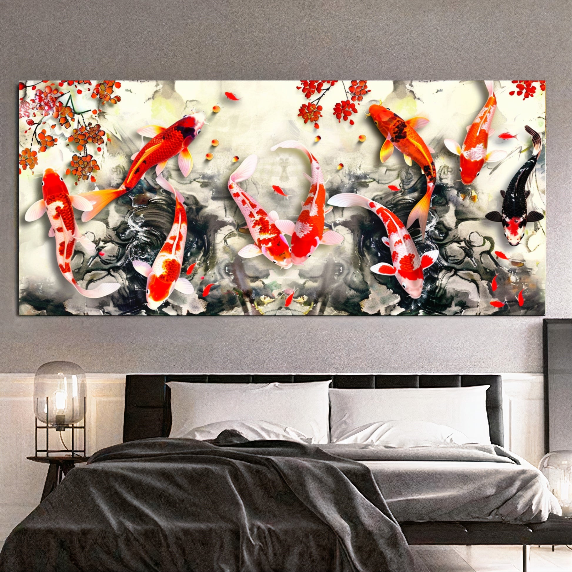 Serene Koi Pond - Vibrant Nine Koi Fish Canvas Art with Cherry Blossoms, Print on Canvas A