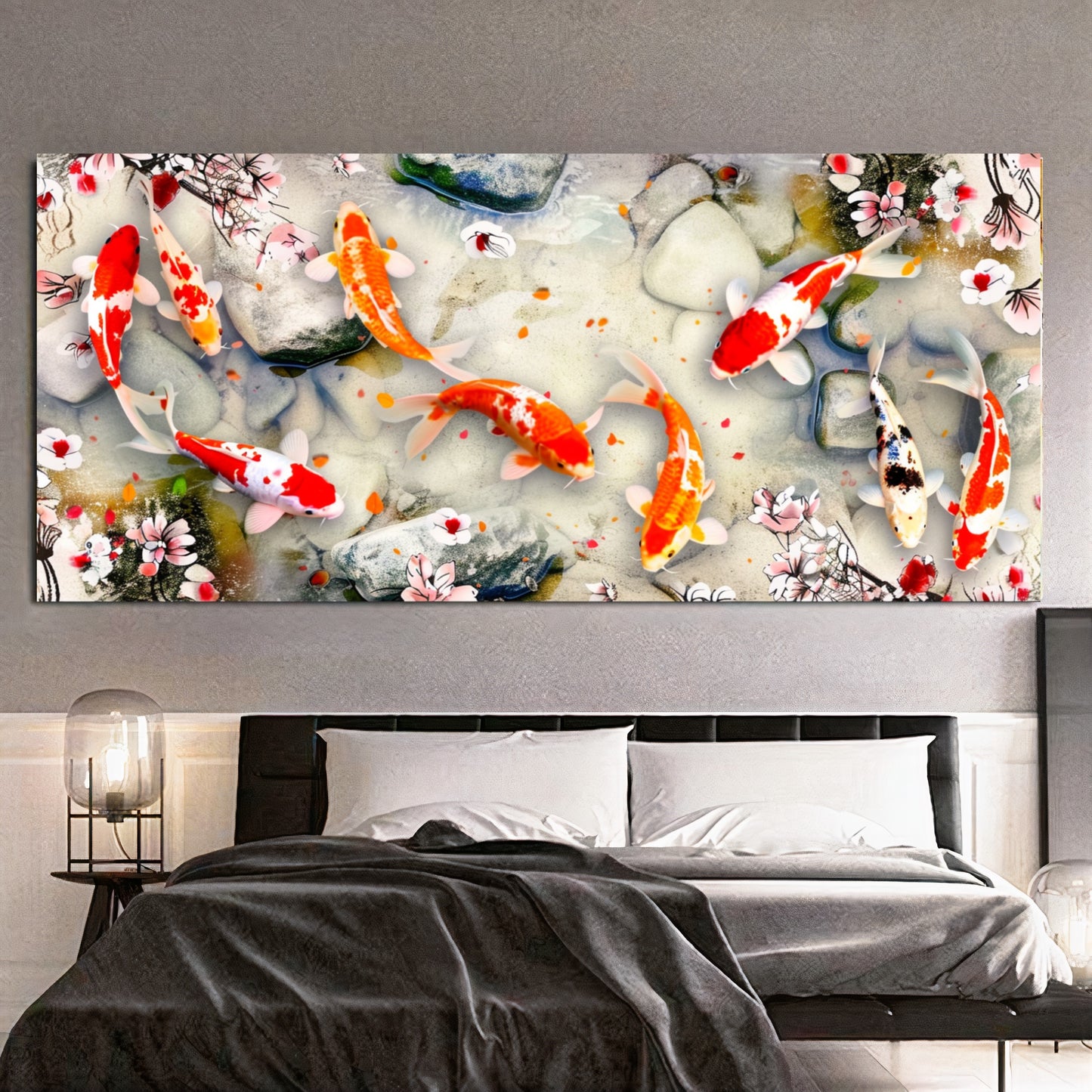 Serene Koi Pond - Vibrant Nine Koi Fish Canvas Art with Cherry Blossoms, Print on Canvas C