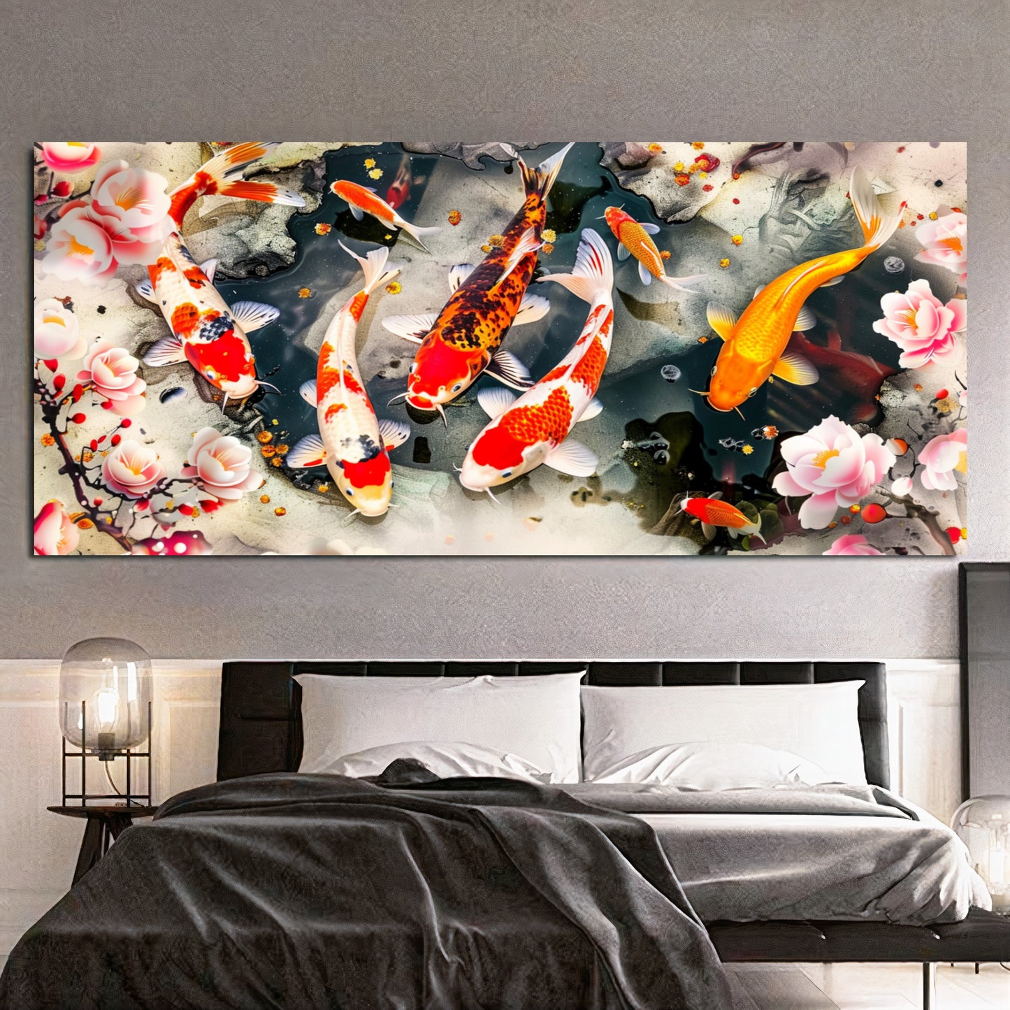 Serene Koi Pond - Vibrant Nine Koi Fish Canvas Art with Cherry Blossoms, Print on Canvas B