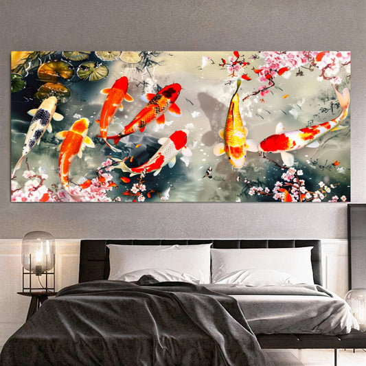 Serene Koi Pond - Vibrant Nine Koi Fish Canvas Art with Cherry Blossoms, Print on Canvas A