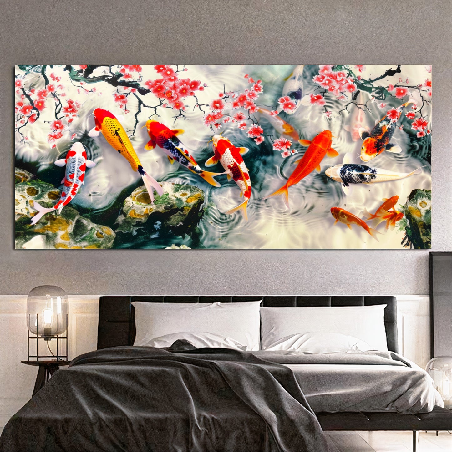 Serene Koi Pond - Vibrant Nine Koi Fish Canvas Art with Cherry Blossoms, Print on Canvas E