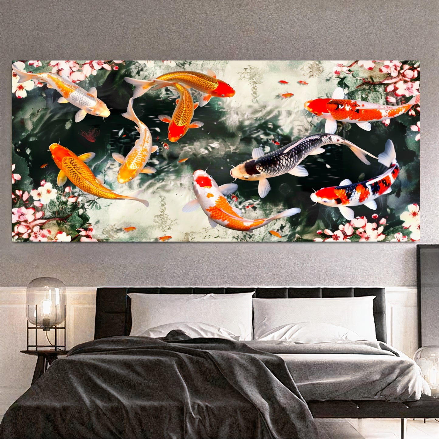 Serene Koi Pond - Vibrant Nine Koi Fish Canvas Art with Cherry Blossoms, Print on Canvas B