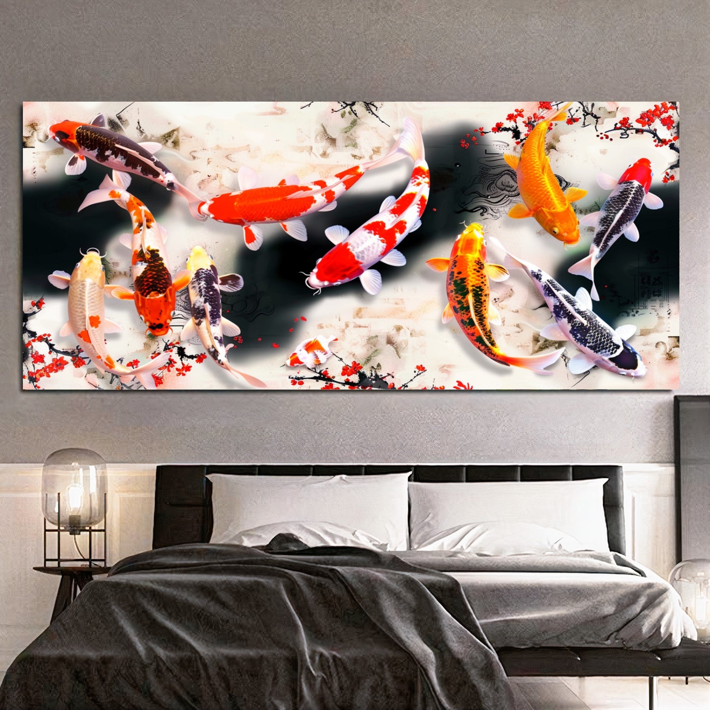 Serene Koi Pond - Vibrant Nine Koi Fish Canvas Art with Cherry Blossoms, Print on Canvas C