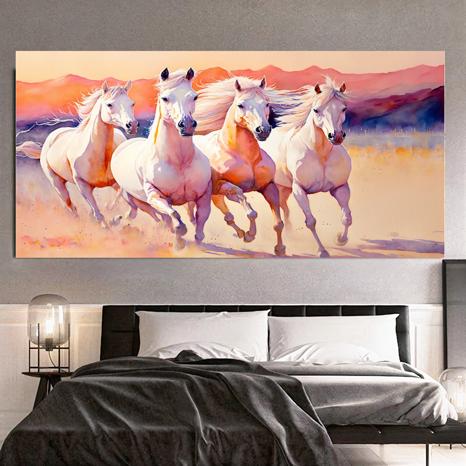 Majestic White Horses - Dynamic Running Horses in Desert, Printed Canvas Art A