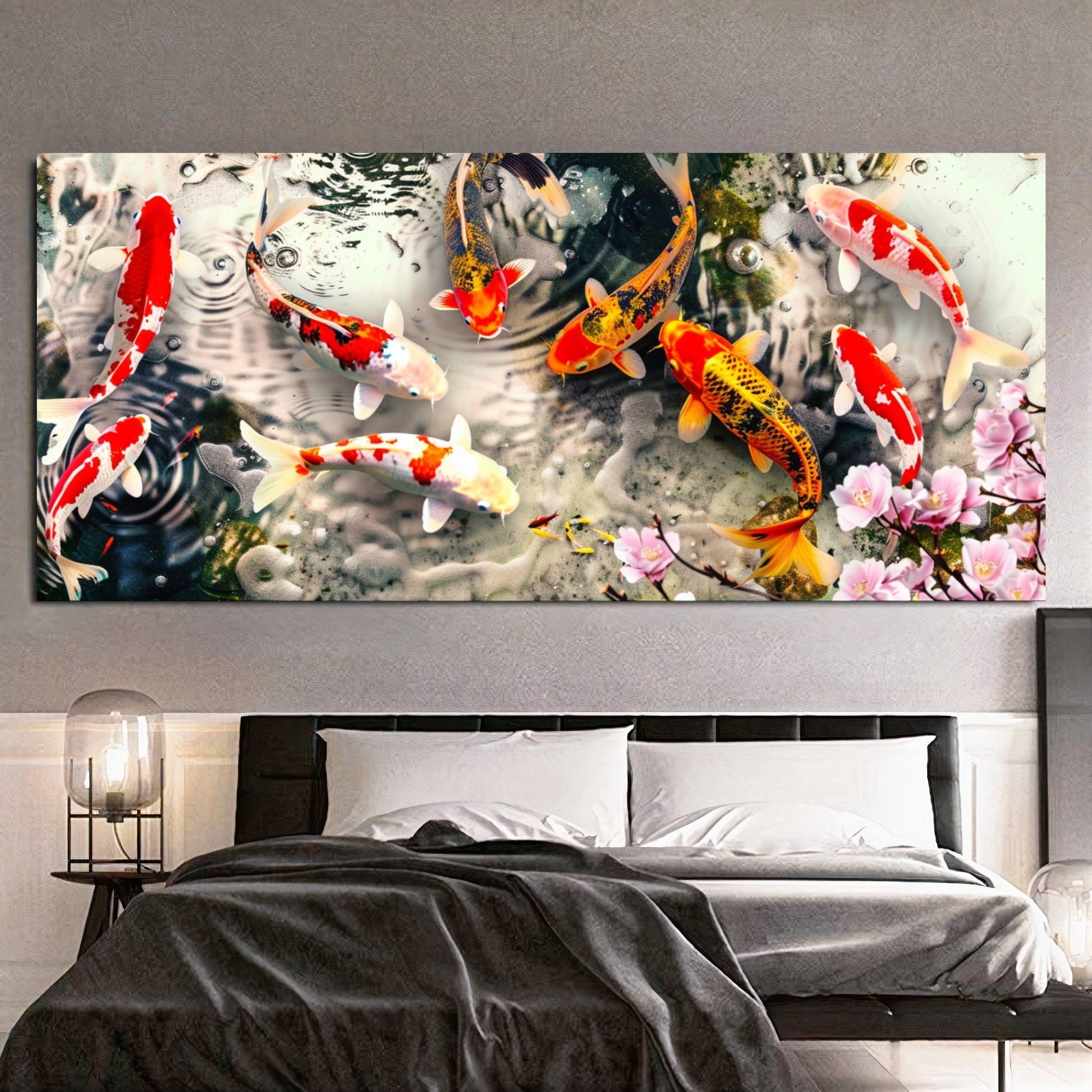 Serene Koi Pond - Vibrant Nine Koi Fish Canvas Art with Cherry Blossoms, Print on Canvas A