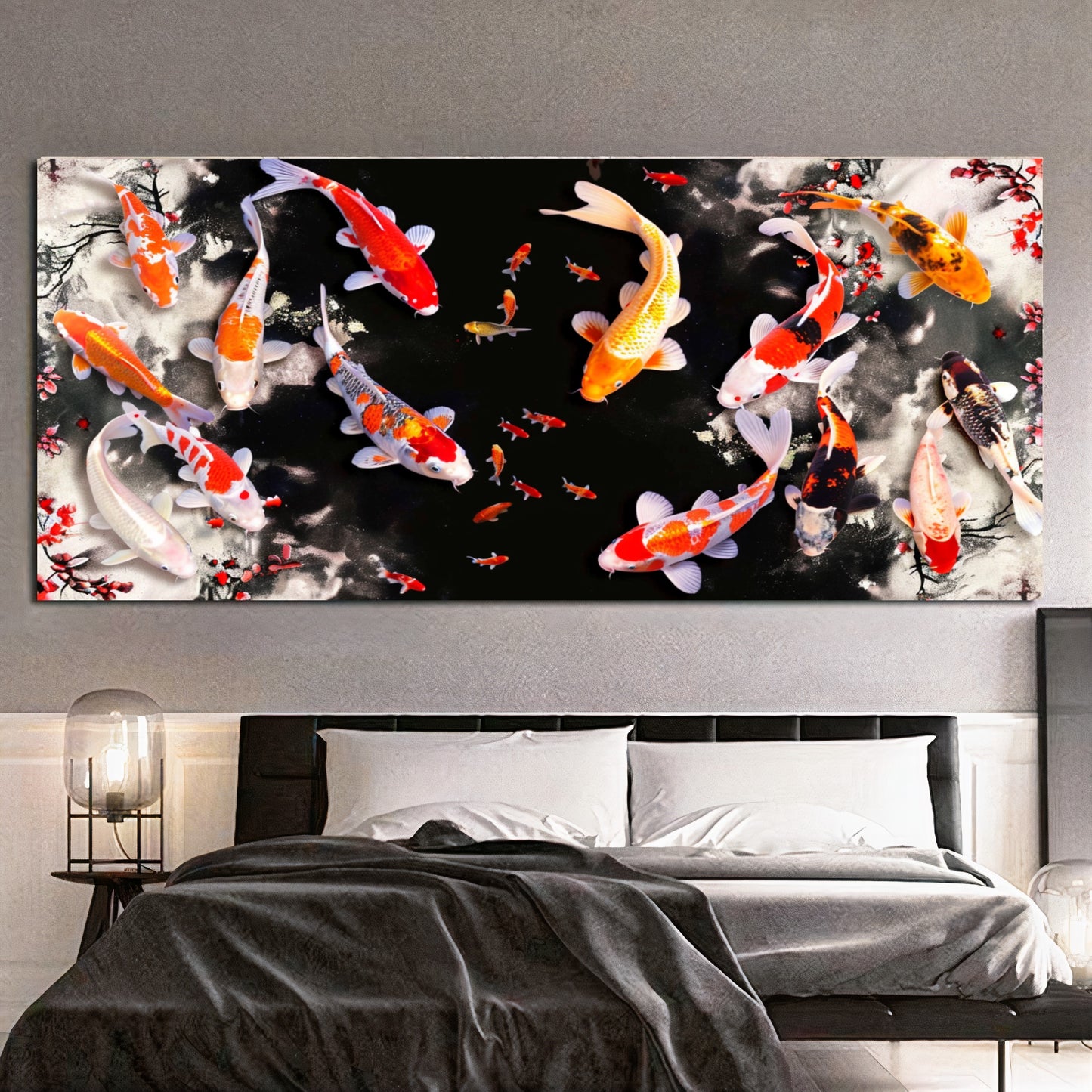 Serene Koi Pond - Vibrant Nine Koi Fish Canvas Art with Cherry Blossoms, Print on Canvas D