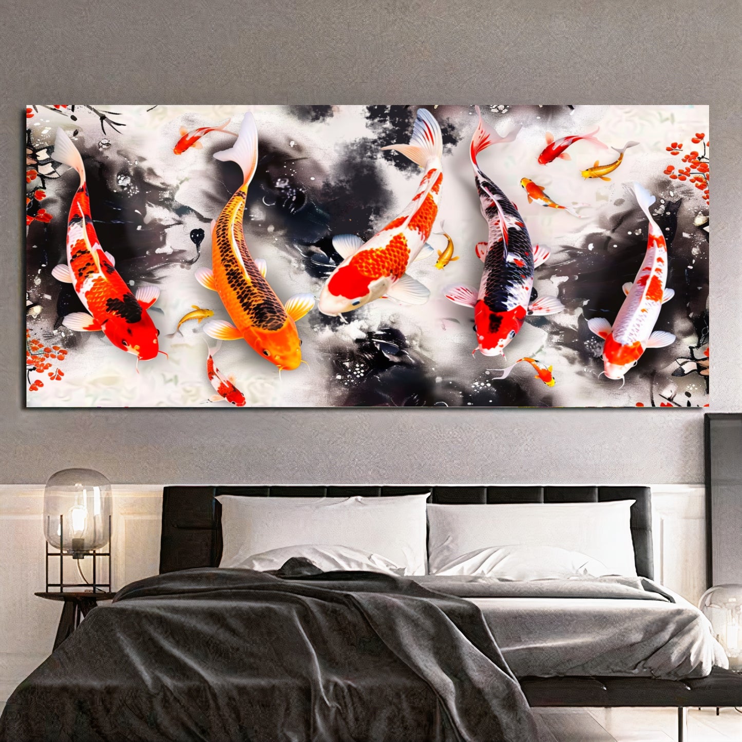 Serene Koi Pond - Vibrant Nine Koi Fish Canvas Art with Cherry Blossoms, Print on Canvas E