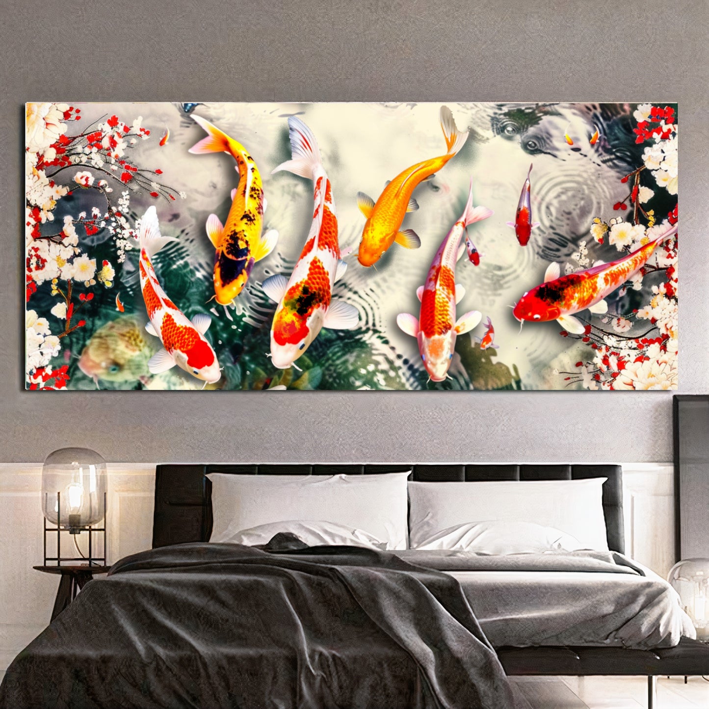 Serene Koi Pond - Vibrant Nine Koi Fish Canvas Art with Cherry Blossoms, Print on Canvas C