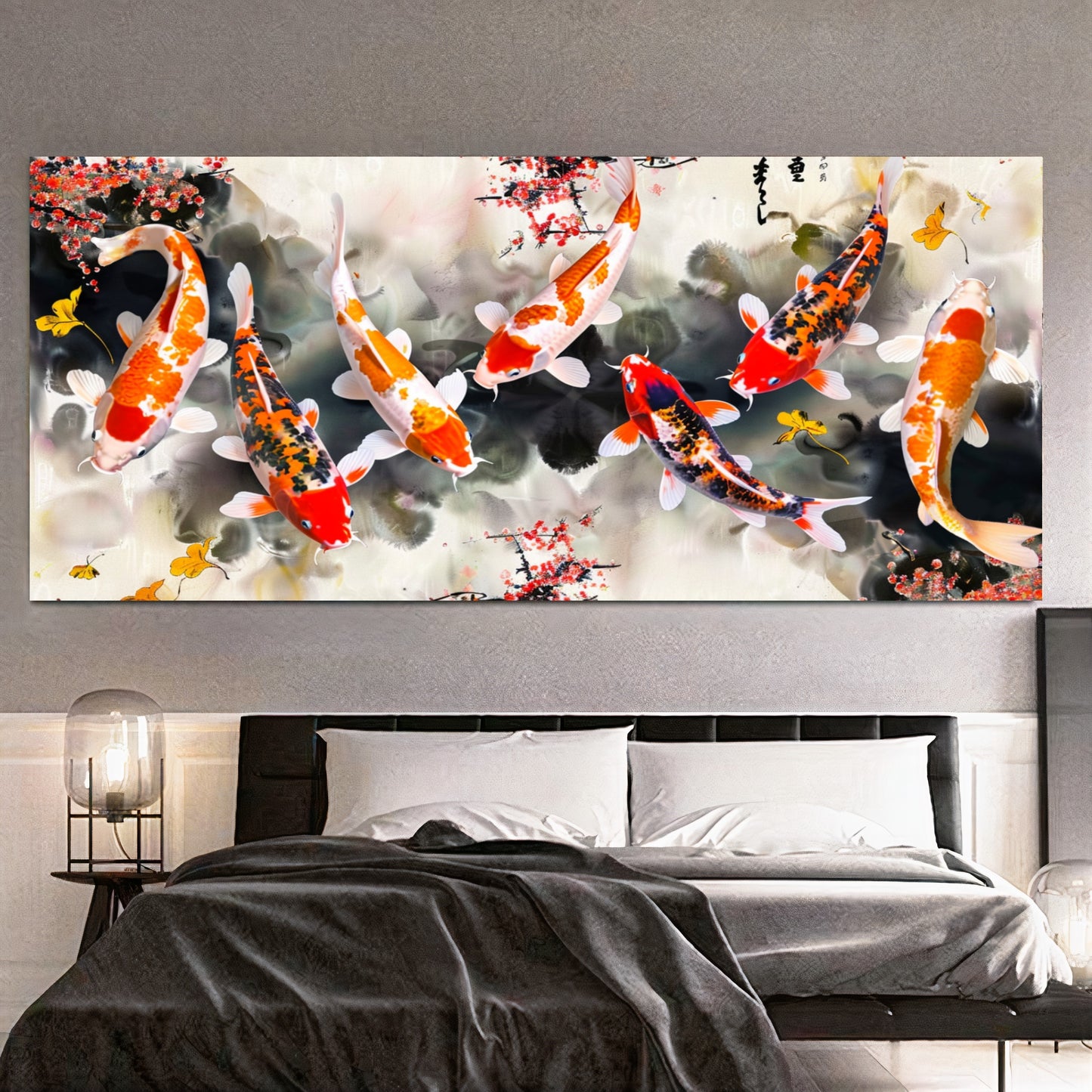 Serene Koi Pond - Vibrant Nine Koi Fish Canvas Art with Cherry Blossoms, Print on Canvas B