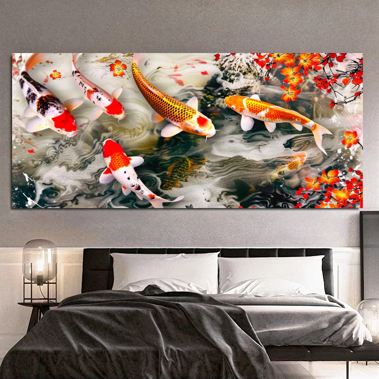 Serene Koi Pond - Vibrant Nine Koi Fish Canvas Art with Cherry Blossoms, Print on Canvas D