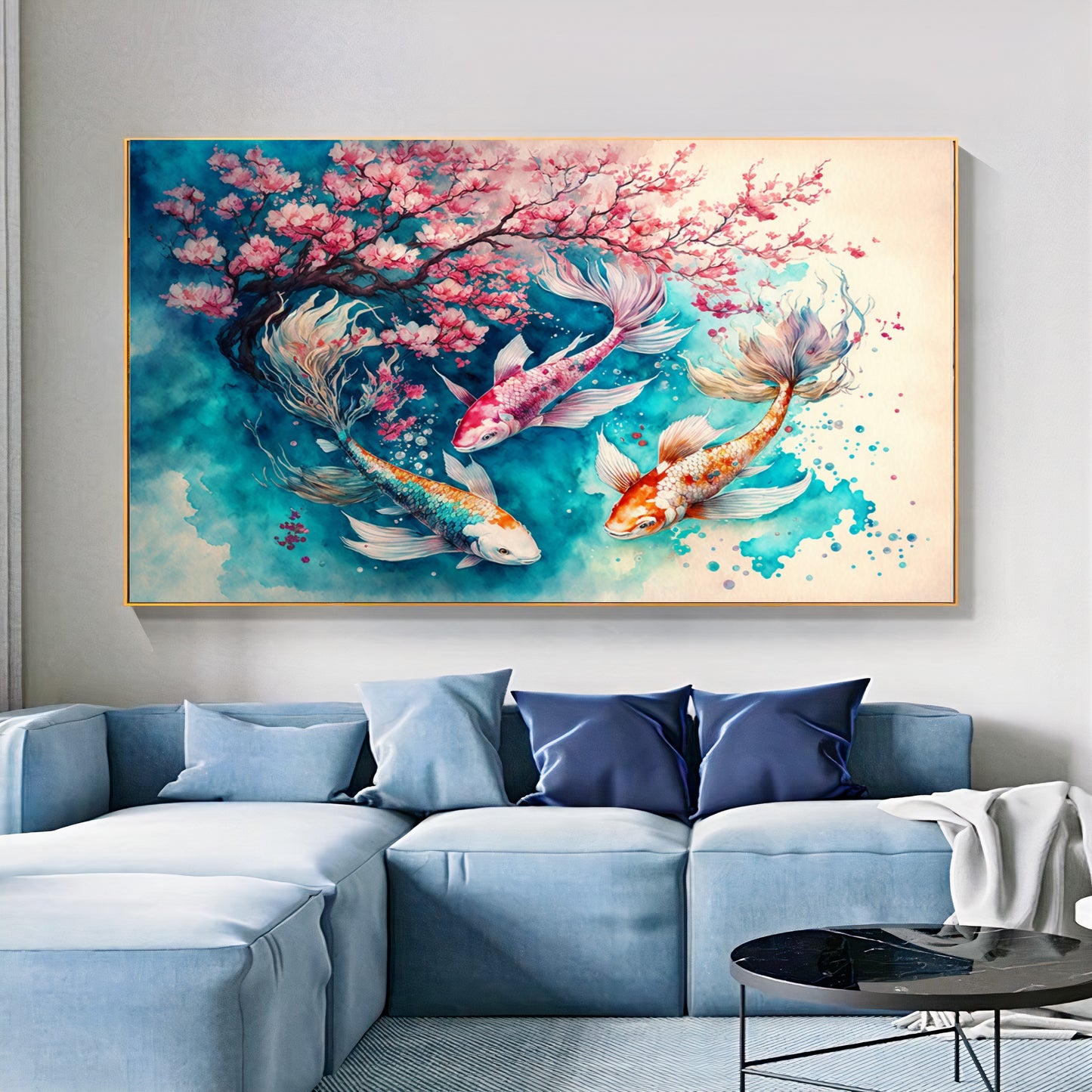 Serene Koi Pond - Blue Pink Three Koi Fish Canvas Art with Cherry Blossoms, Watercolor Art, Print on Canvas {{ shop_name }}Prints canvas print canvas wall art colorful wall art giclée prints large canvas print modern canvas art print on canvas ready to hang canvas stretched canvas art vibrant canvas print wall art prints wall decor for home