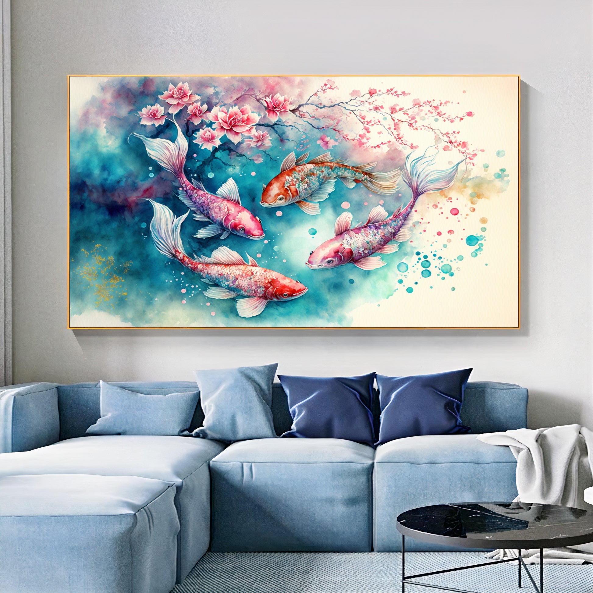 Serene Koi Pond - Blue Pink Three Koi Fish Canvas Art with Cherry Blossoms, Watercolor Art, Print on Canvas {{ shop_name }}Prints canvas print canvas wall art colorful wall art giclée prints large canvas print modern canvas art print on canvas ready to hang canvas stretched canvas art vibrant canvas print wall art prints wall decor for home
