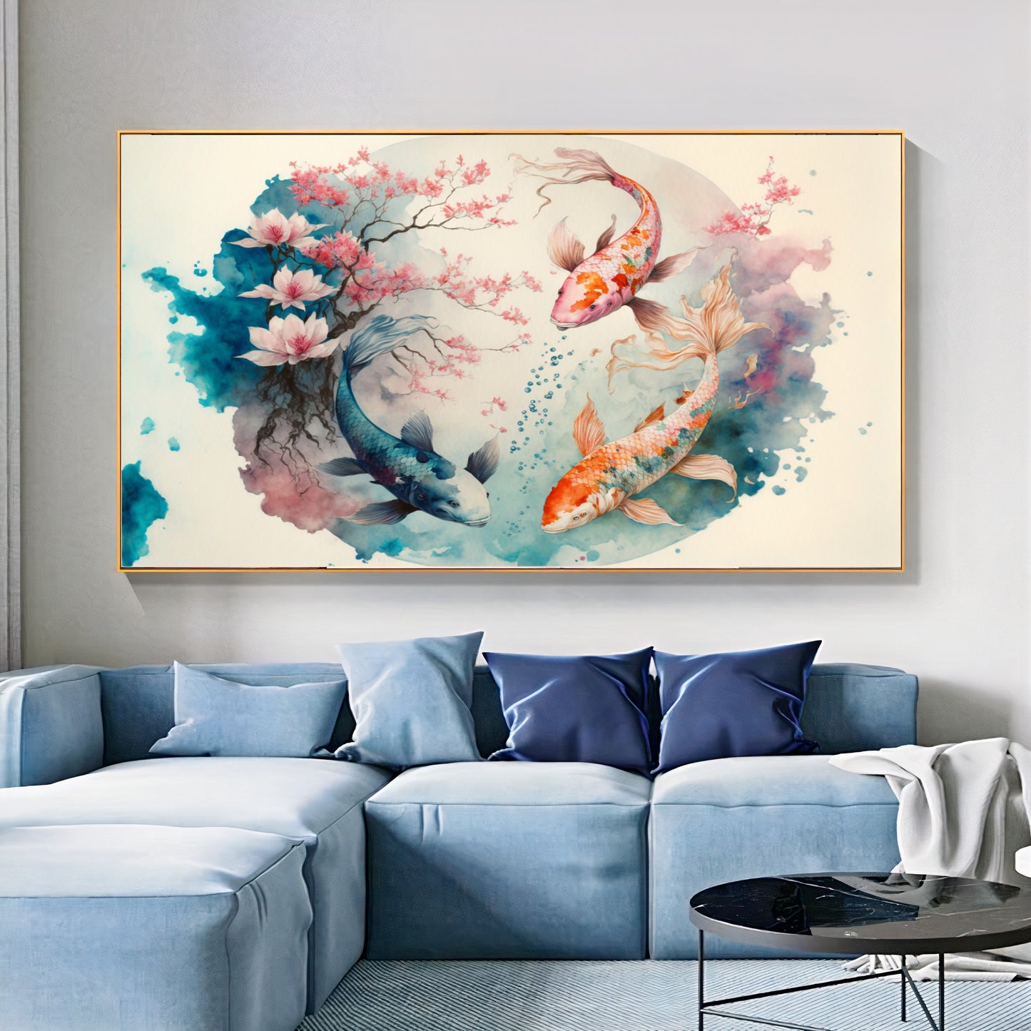 Serene Koi Pond - Blue Pink Three Koi Fish Canvas Art with Cherry Blossoms, Watercolor Art, Print on Canvas {{ shop_name }}Prints canvas print canvas wall art colorful wall art giclée prints large canvas print modern canvas art print on canvas ready to hang canvas stretched canvas art vibrant canvas print wall art prints wall decor for home