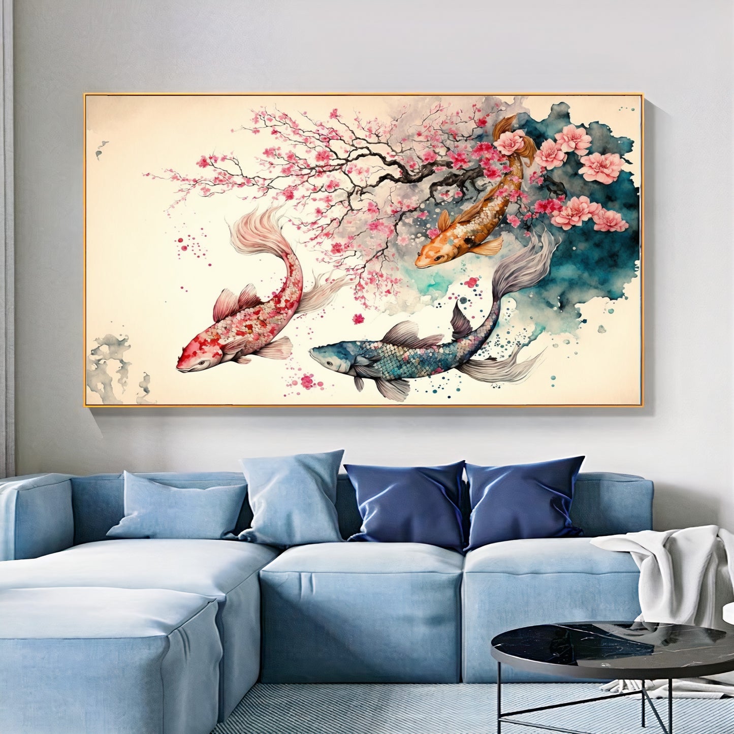 Serene Koi Pond - Blue Pink Three Koi Fish Canvas Art with Cherry Blossoms, Watercolor Art, Print on Canvas {{ shop_name }}Prints canvas print canvas wall art colorful wall art giclée prints large canvas print modern canvas art print on canvas ready to hang canvas stretched canvas art vibrant canvas print wall art prints wall decor for home