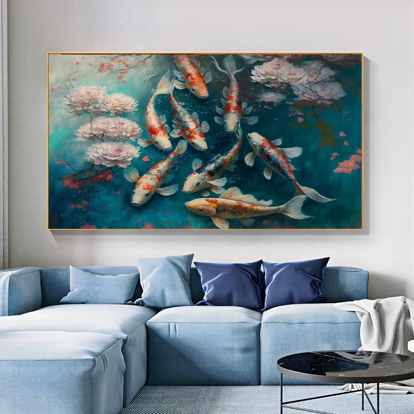 Serene Koi Pond - Blue Pink Three Koi Fish Canvas Art with Cherry Blossoms, Watercolor Art, Print on Canvas {{ shop_name }}Prints canvas print canvas wall art colorful wall art giclée prints large canvas print modern canvas art print on canvas ready to hang canvas stretched canvas art vibrant canvas print wall art prints wall decor for home