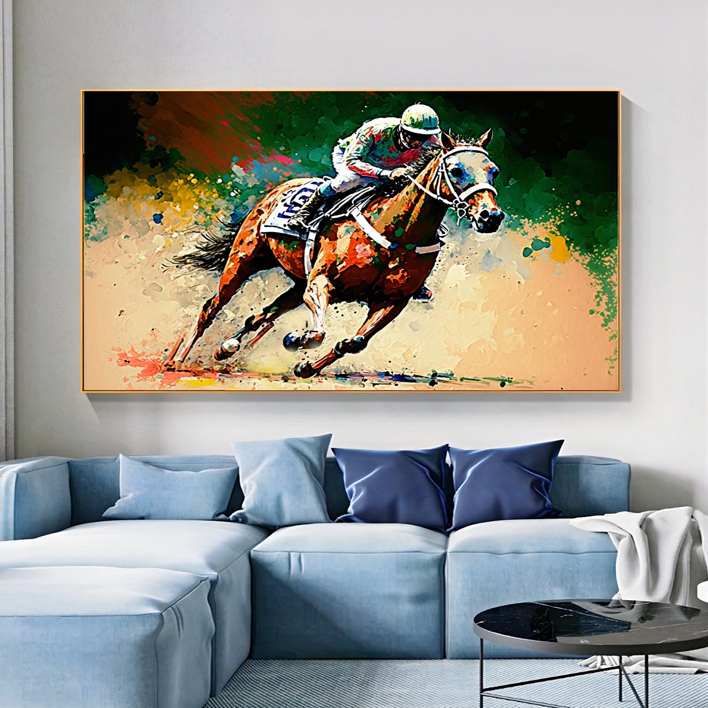 Vibrant Horse Racing Action - Dynamic Colorful Jockeys and Horses Canvas Art E