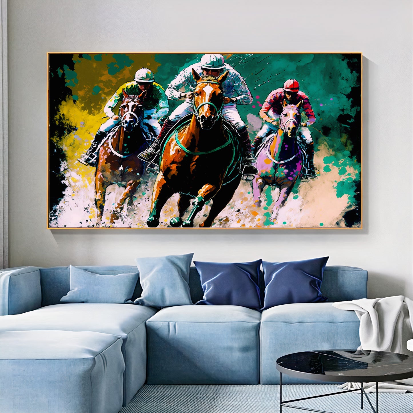 Vibrant Horse Racing Action - Dynamic Colorful Jockeys and Horses Canvas Art D