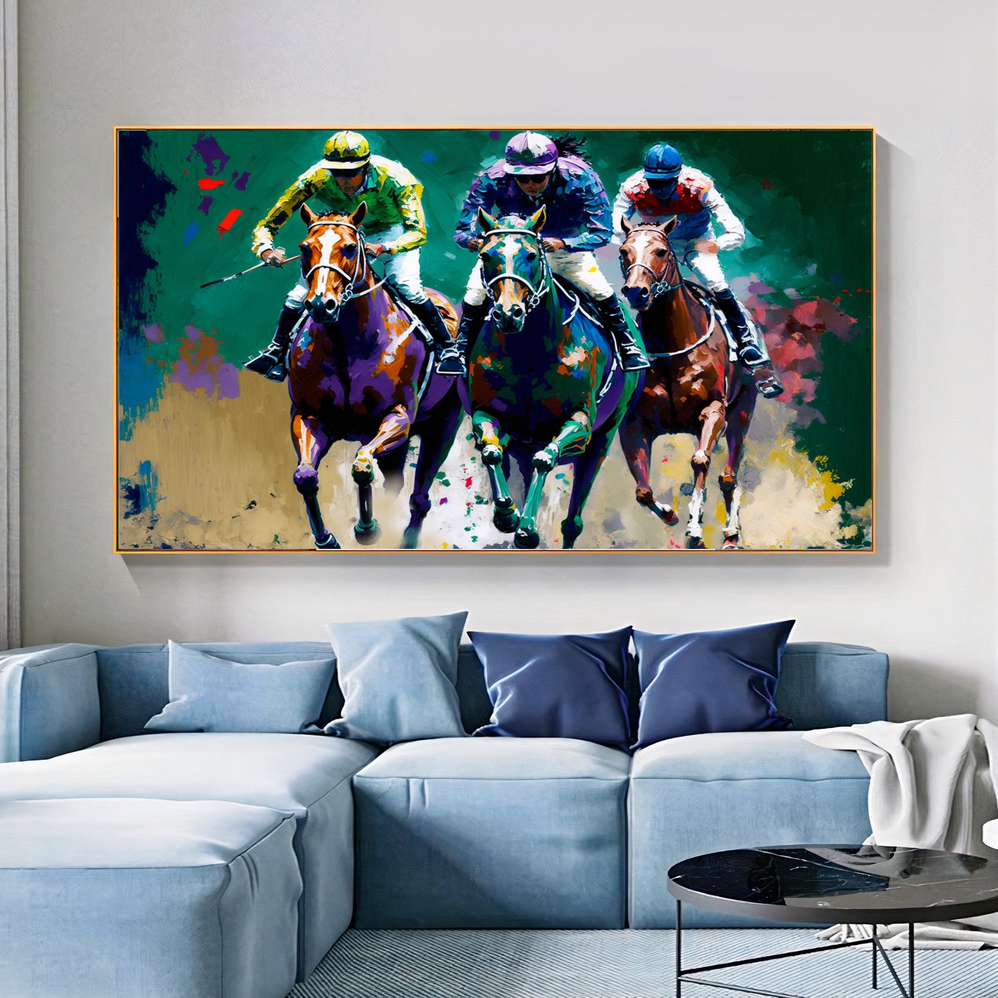 Vibrant Horse Racing Action - Dynamic Colorful Jockeys and Horses Canvas Art E