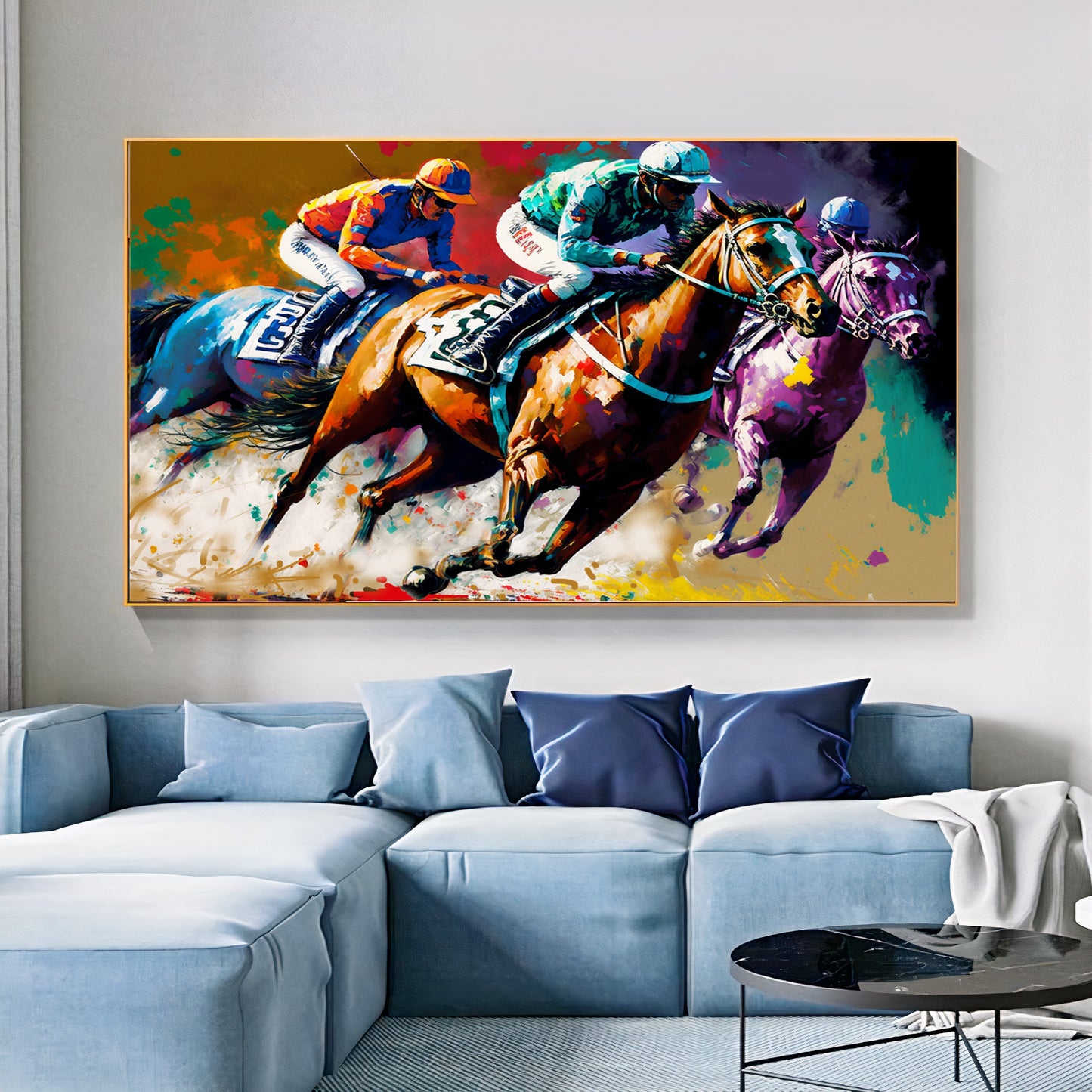 Vibrant Horse Racing Action - Dynamic Colorful Jockeys and Horses Canvas Art B