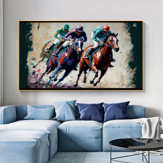 Vibrant Horse Racing Action - Dynamic Colorful Jockeys and Horses Canvas Art C