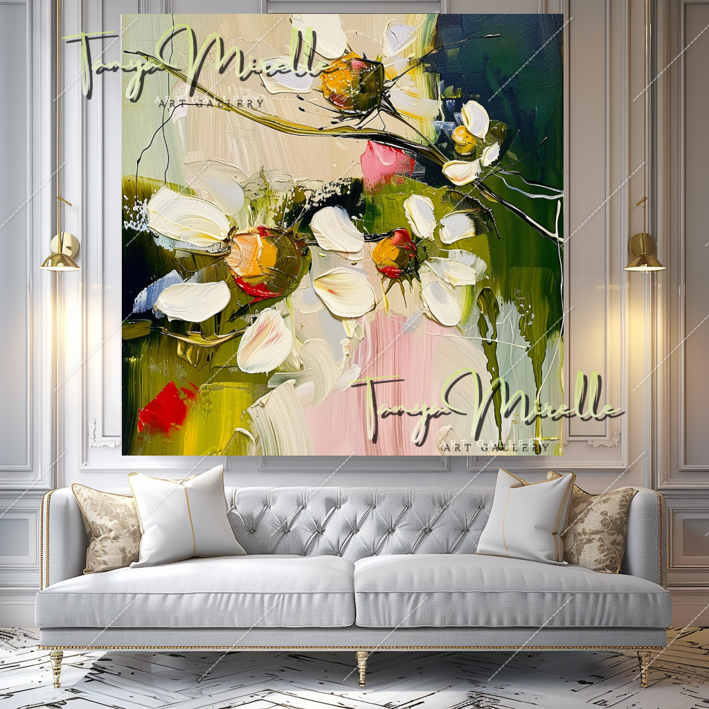 Elegant Abstract Flower Wall Art, Oil Impasto Painting #217
