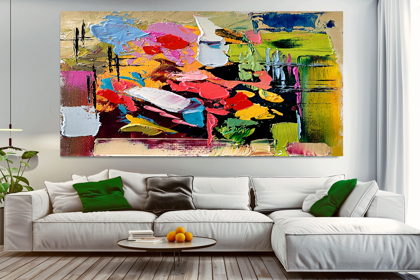 Colorful Abstract Art Composition, Vibrant Impasto Oil Painting on Canvas