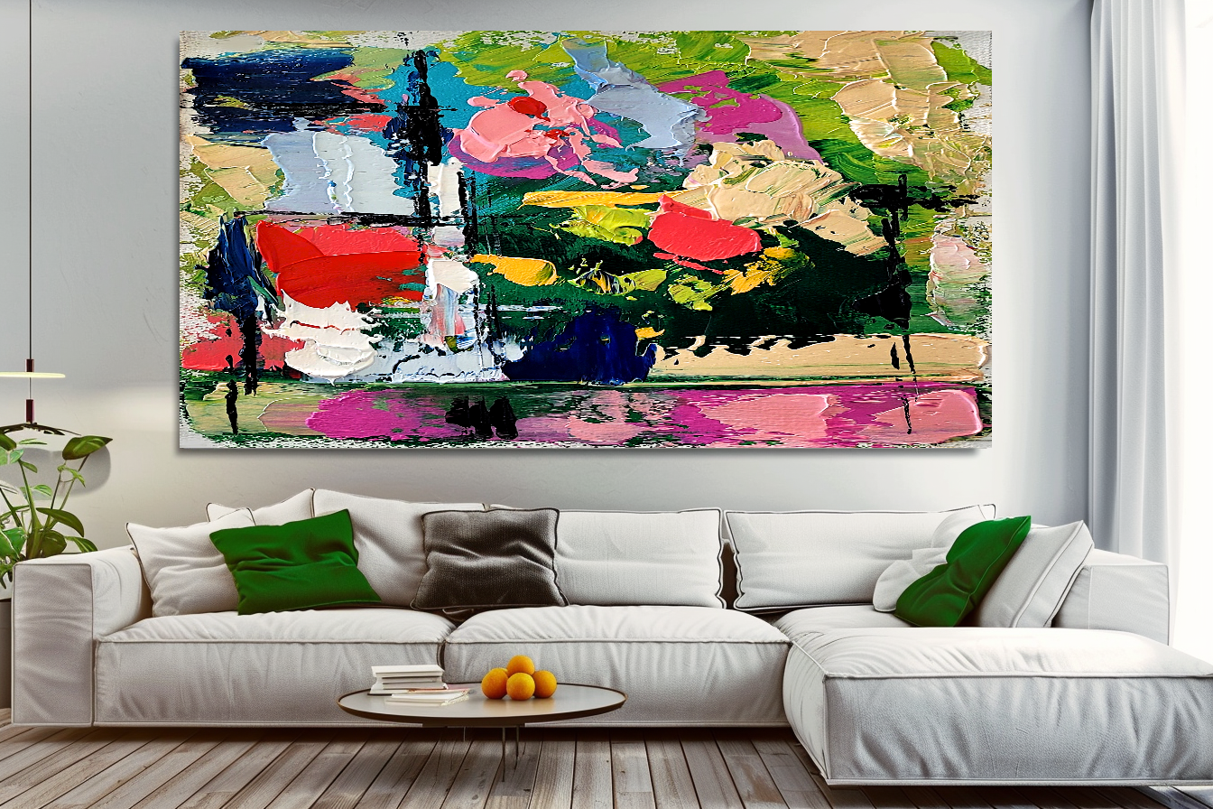 Colorful Abstract Art Composition, Vibrant Impasto Oil Painting on Canvas