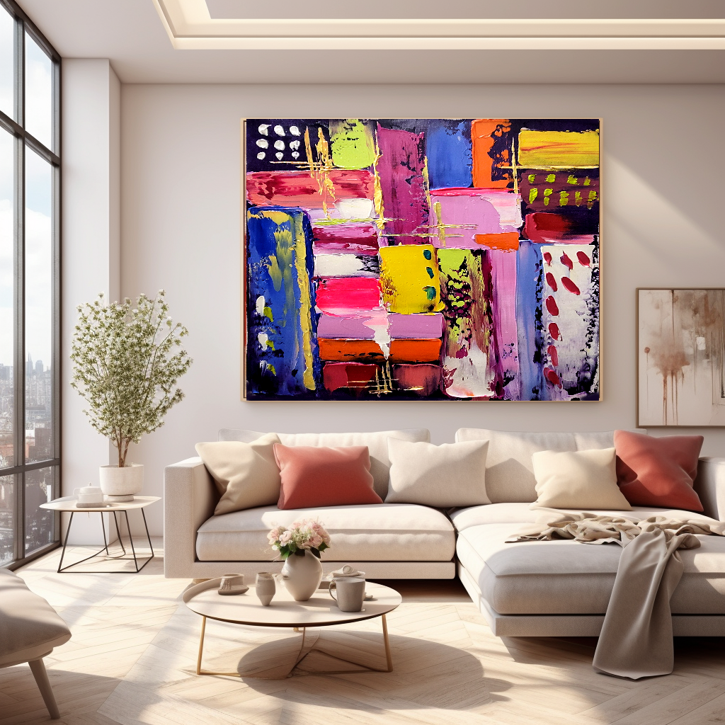 Vibrant Modern Abstract Art for Living room, Geometric Impasto Oil Painting on Canvas, Colorful Handmade Art for sale