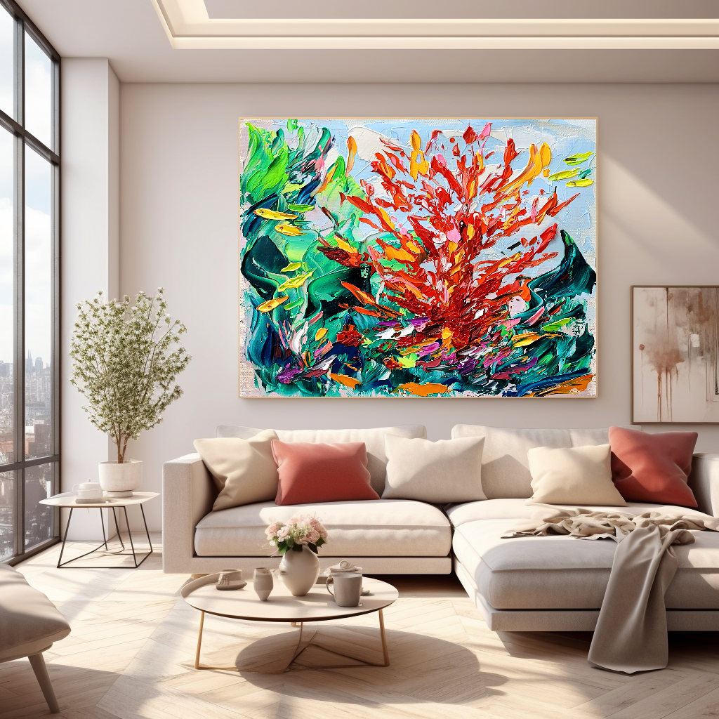 Modern Abstract Painting for Living room, Underwater World, Red Corall Art, Impasto Oil Painting on Canvas