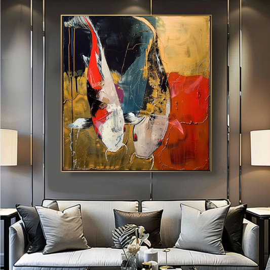 Abstract Koi Fish Impasto Oil Painting – Modern Textured Canvas Art for Living Room