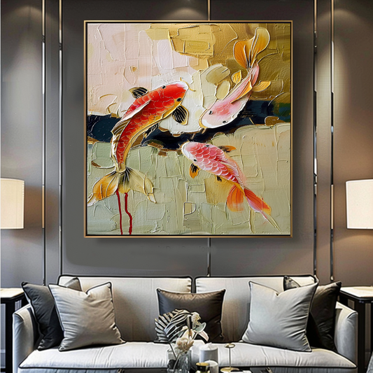 Abstract Koi Fish Impasto Oil Painting – Modern Textured Canvas Art for Living Room