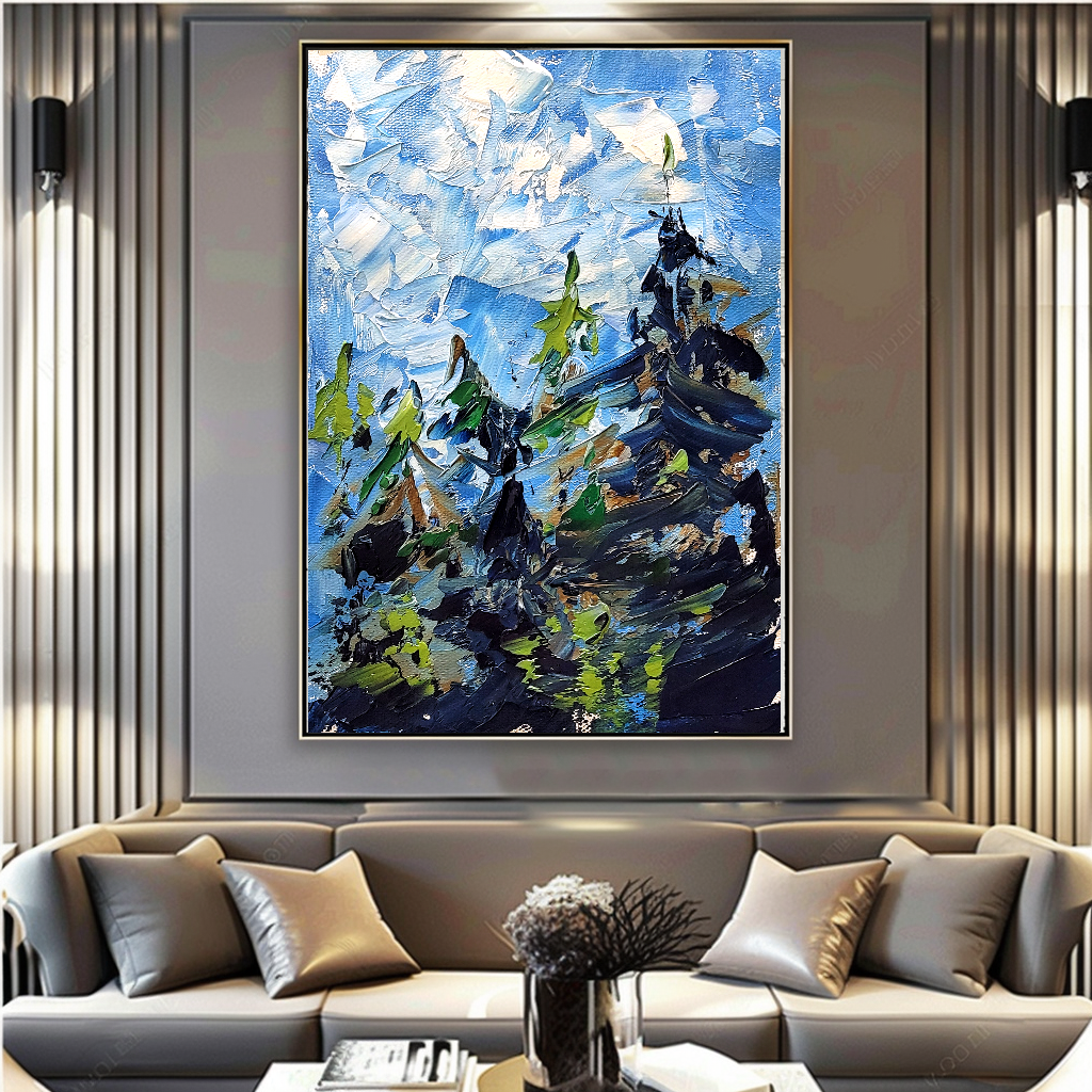 Modern Abstract Wall Art for living room, Blue Landscape Art, Impasto Oil Painting on Canvas
