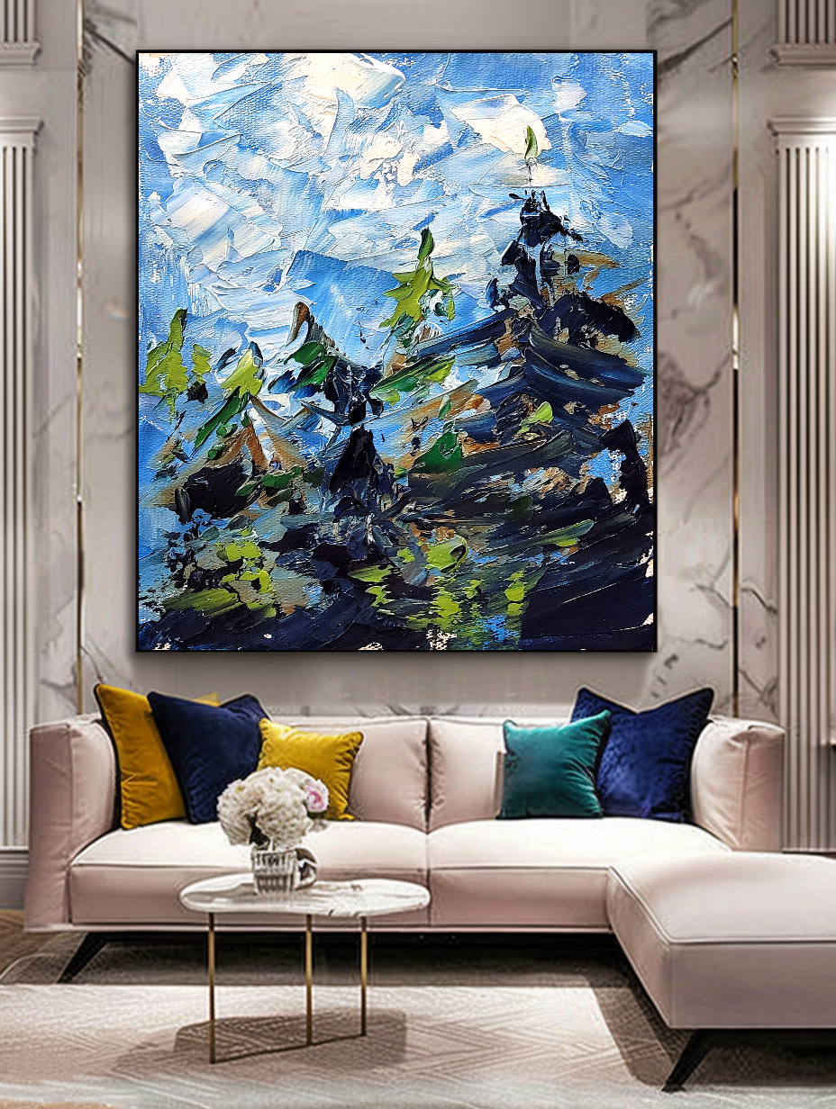 Modern Abstract Wall Art for living room, Blue Landscape Art, Impasto Oil Painting on Canvas