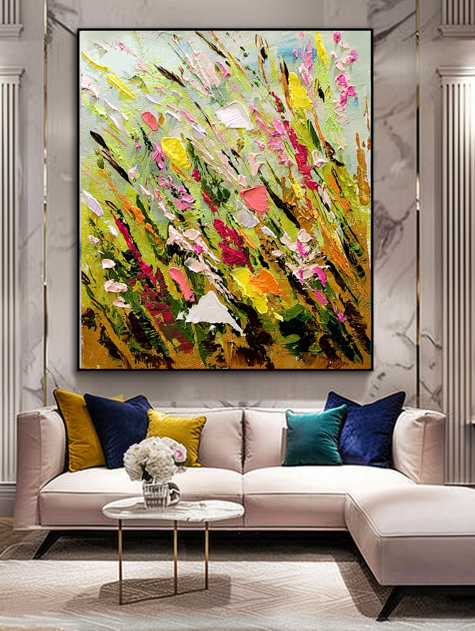 Large Modern Abstract Art for Living room, Spring Meadow, Vibrant Abstract Impasto Oil Painting, Handmade Art for sale
