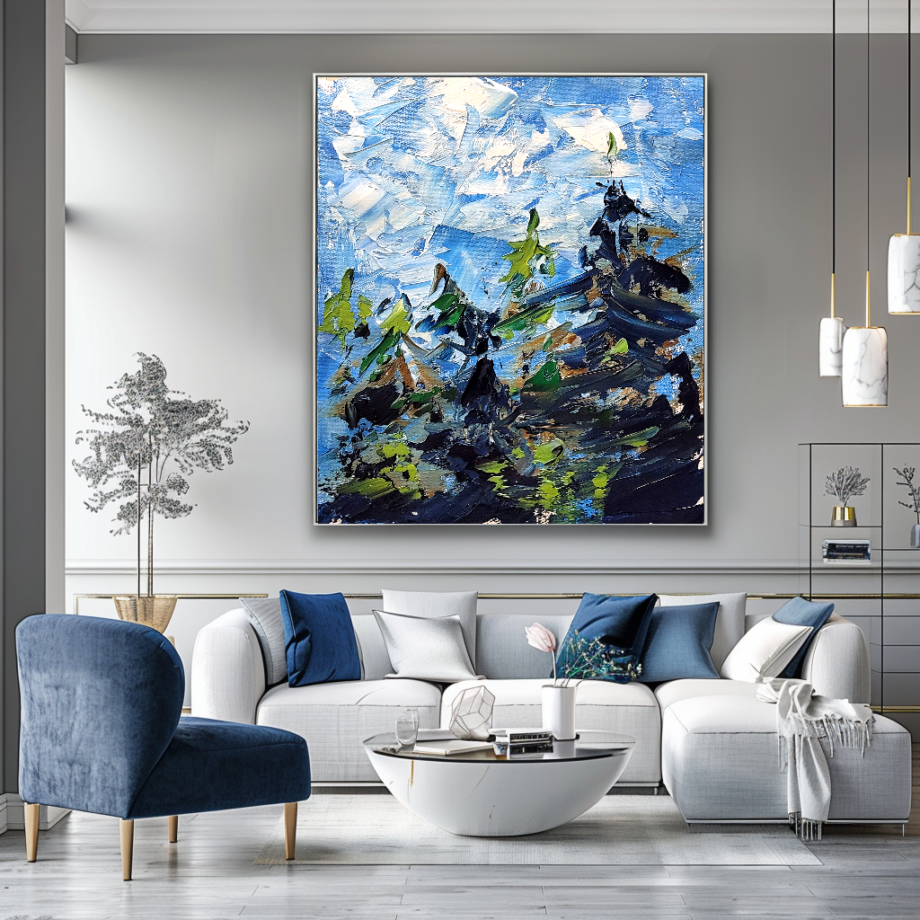 Modern Abstract Wall Art for living room, Blue Landscape Art, Impasto Oil Painting on Canvas