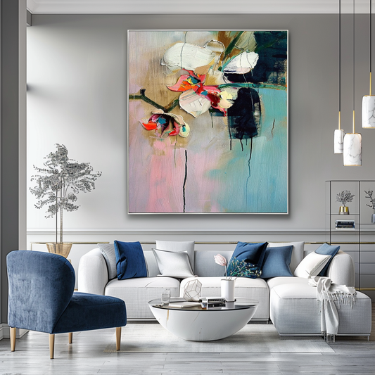White Orchid Abstract Impasto Oil Painting – Modern Textured Canvas Art for Living Room