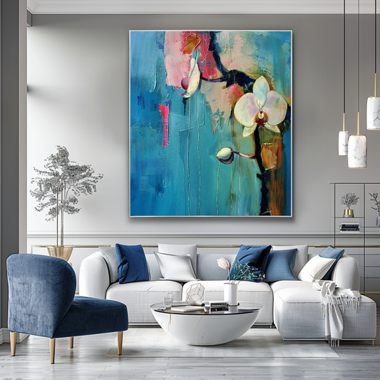 White Orchid Abstract Impasto Oil Painting – Modern Textured Canvas Art for Living Room