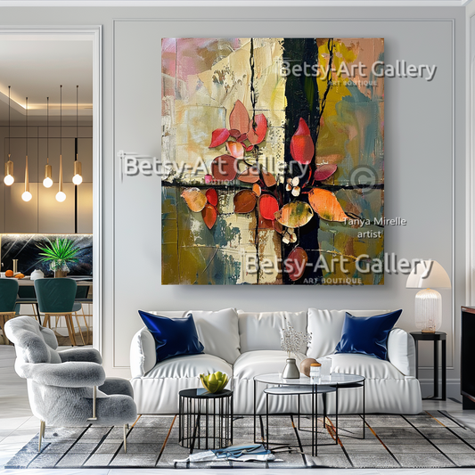 Abstract Floral Painting on Canvas - Textured Impasto Artwork #66