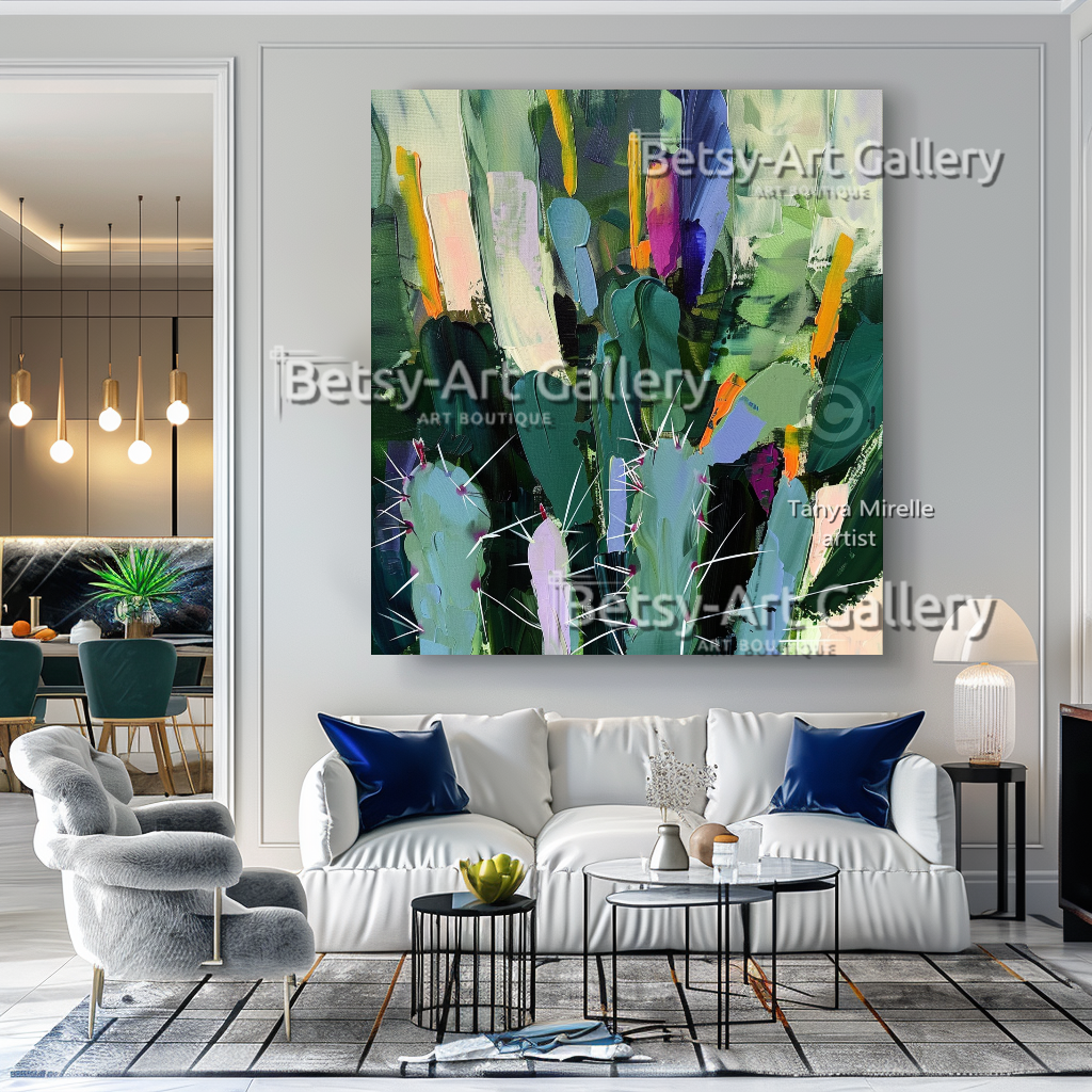 Abstract Cactus Arizona Landscape Painting - Textured Impasto Wall Art #70