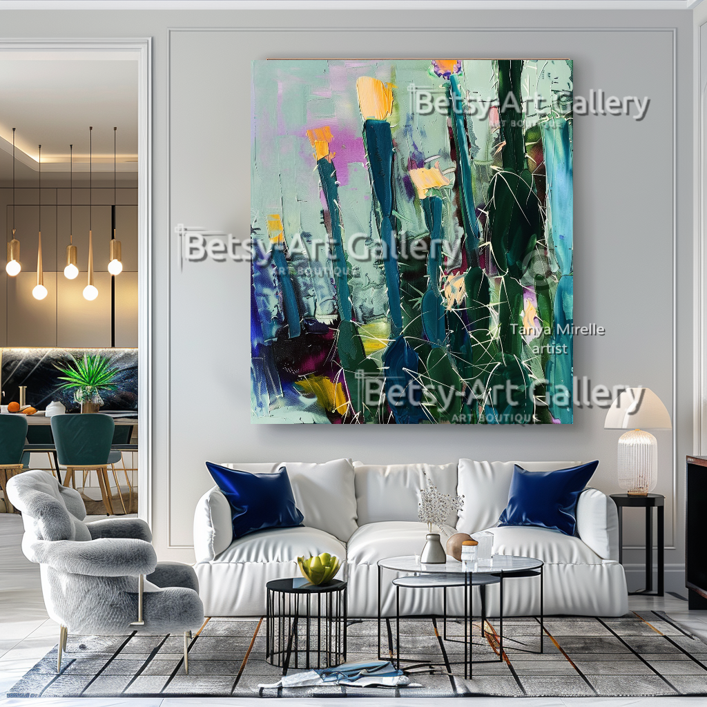 Abstract Cactus Arizona Landscape Painting - Textured Impasto Wall Art #70