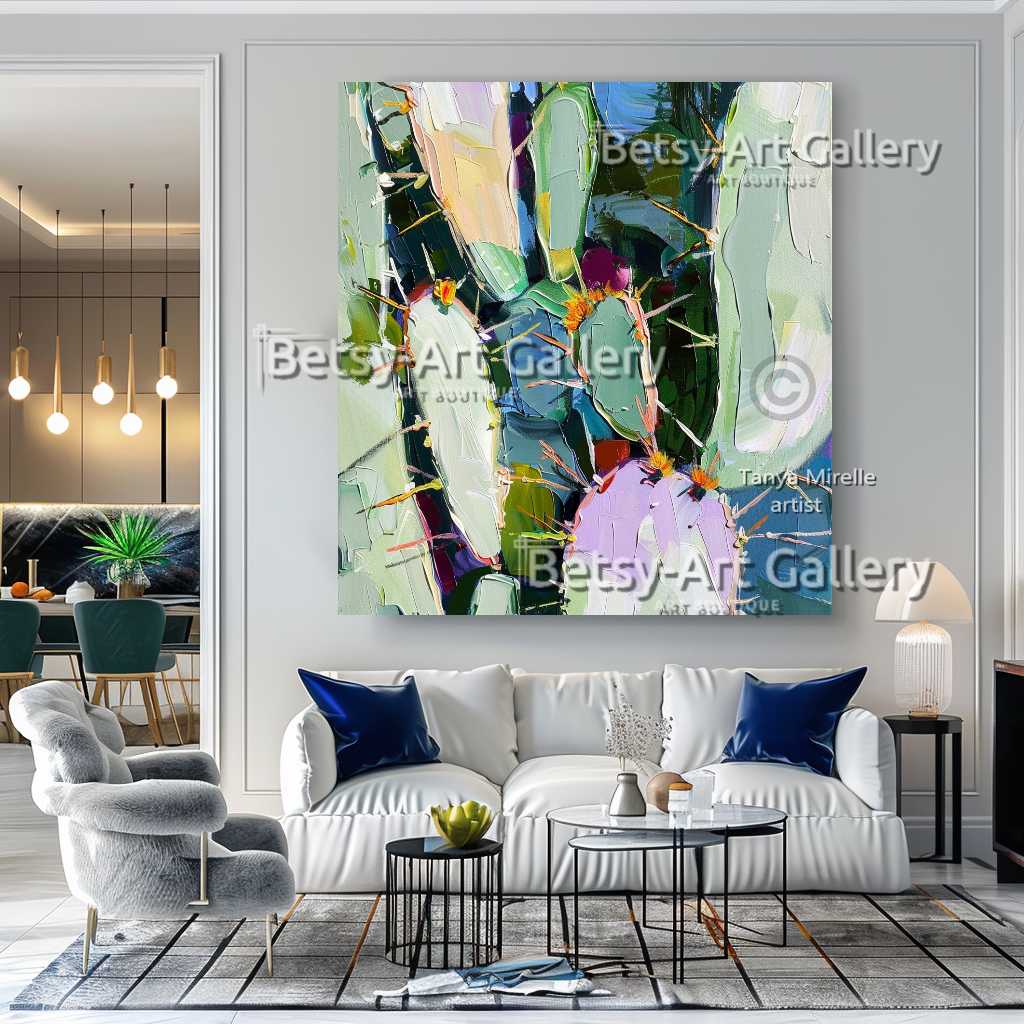 Abstract Cactus Arizona Landscape Painting - Textured Impasto Wall Art #70