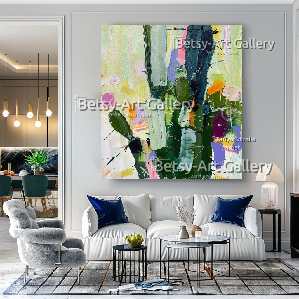 Abstract Cactus Arizona Landscape Painting - Textured Impasto Wall Art #70