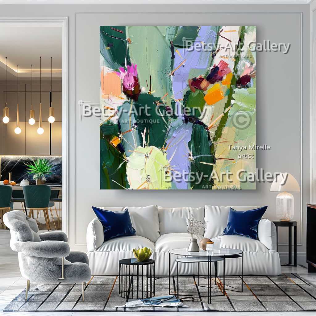 Abstract Cactus Arizona Landscape Painting - Textured Impasto Wall Art #73