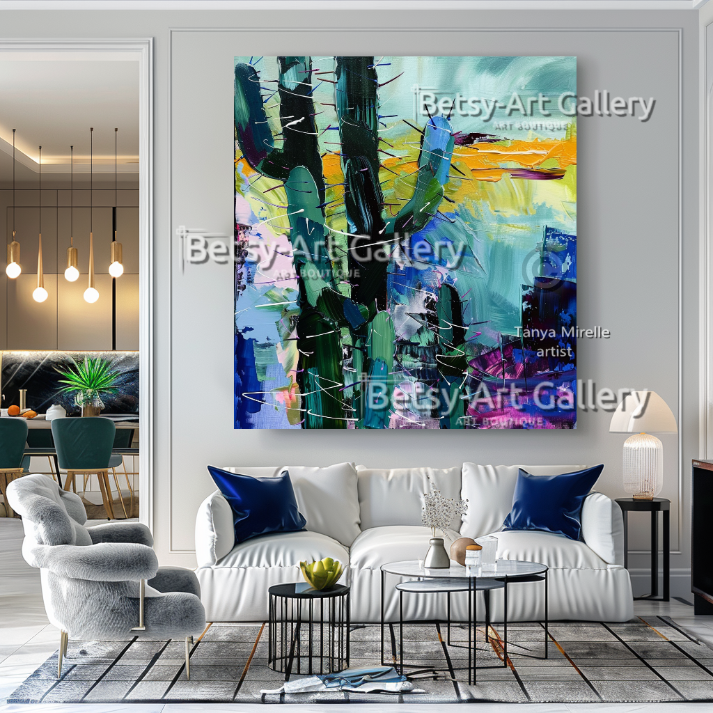 Abstract Cactus Arizona Landscape Painting - Textured Impasto Wall Art #73