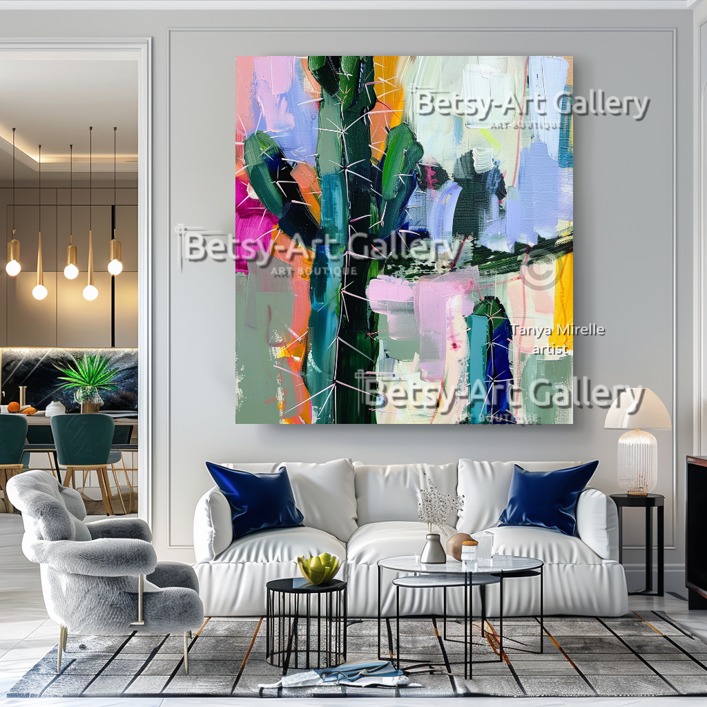 Abstract Cactus Arizona Landscape Painting - Textured Impasto Wall Art #73