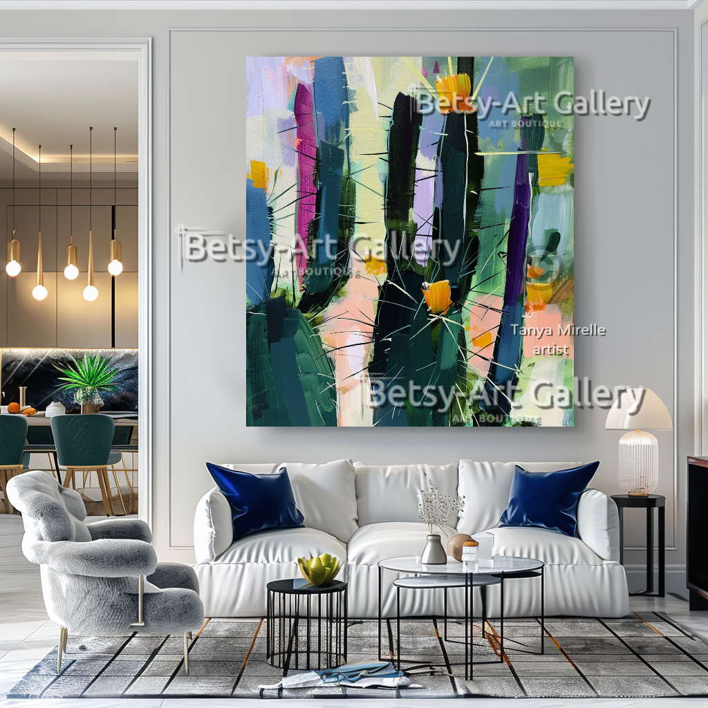 Abstract Cactus Arizona Landscape Painting - Textured Impasto Wall Art #73